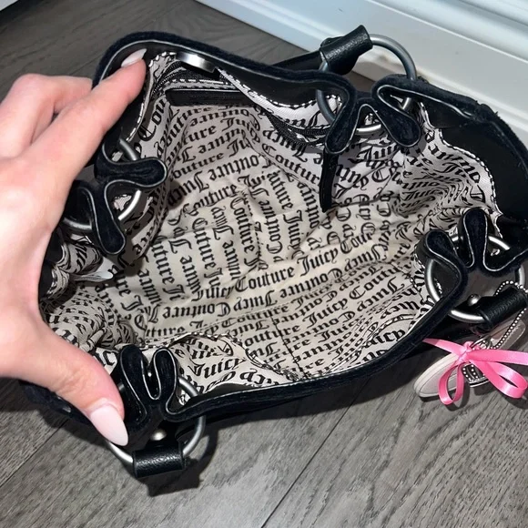 Juicy Couture Black Velvet Shoulder Bag with Heart Charm - Picture 6 of 7